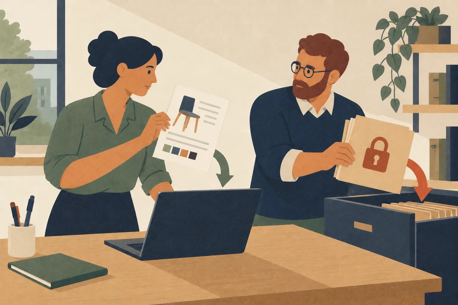 Graphic illustration: Two colleagues separate a general product sheet from a closed confidential folder.