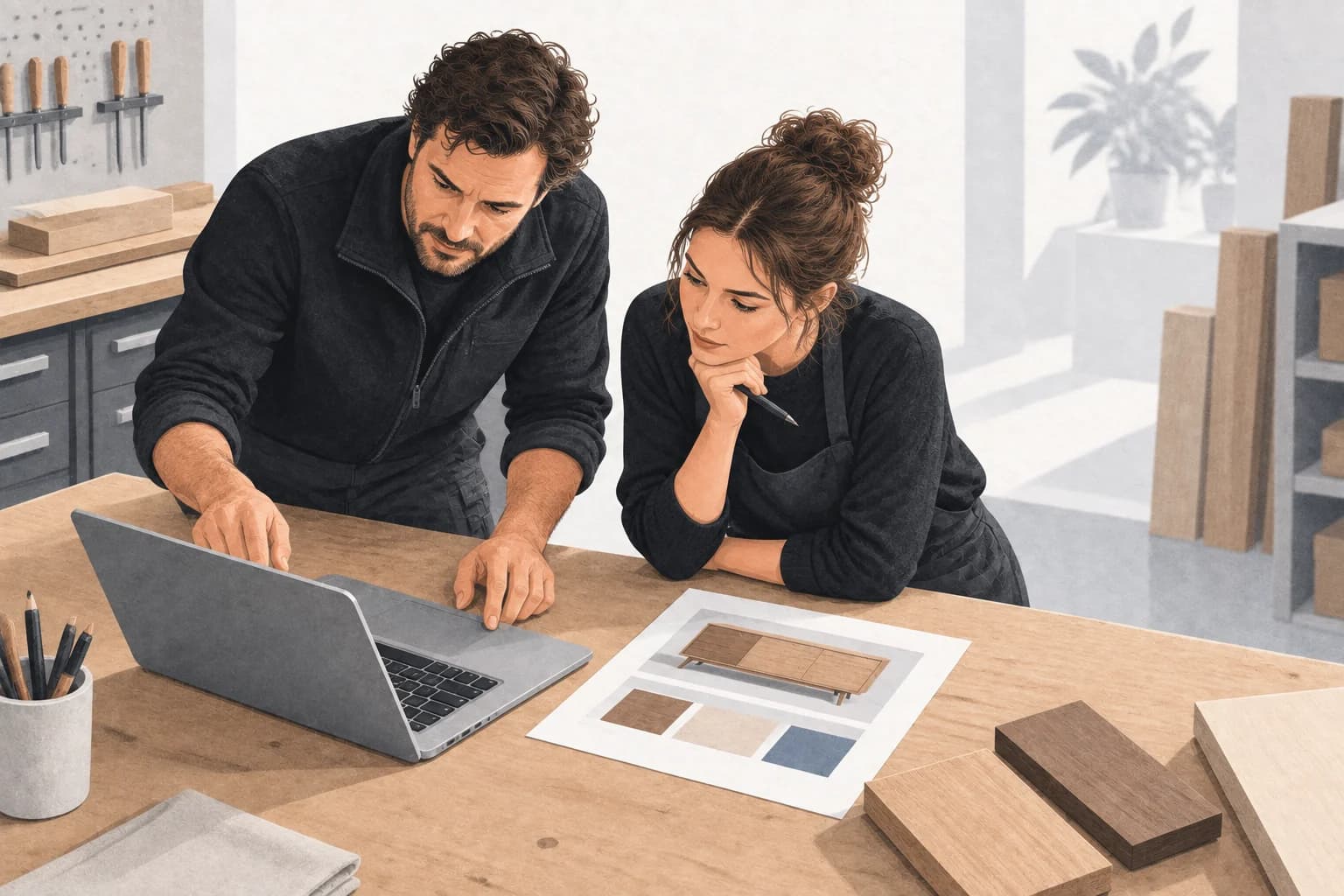 Two workshop colleagues try a laptop draft against a real customer order.