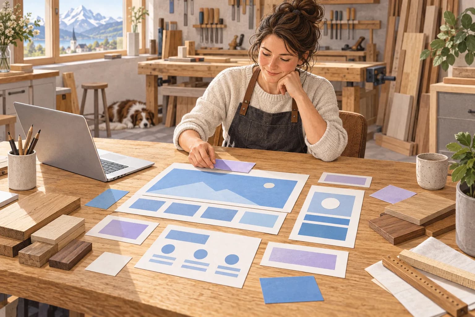 A carpentry workshop owner arranges paper building blocks of a website on her work table.