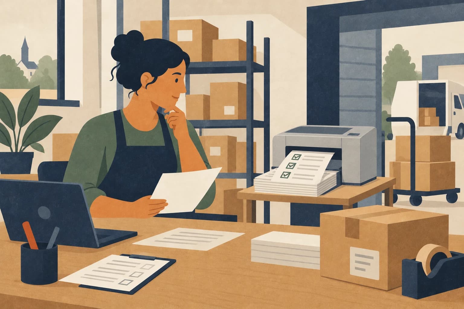 Graphic illustration: A worker reviews prepared order documents in a small warehouse office.