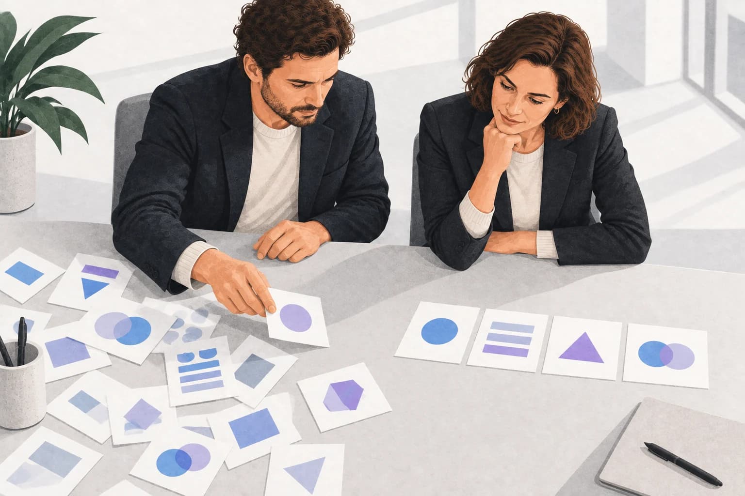 Two people sort abstract concept cards into an understandable sequence.