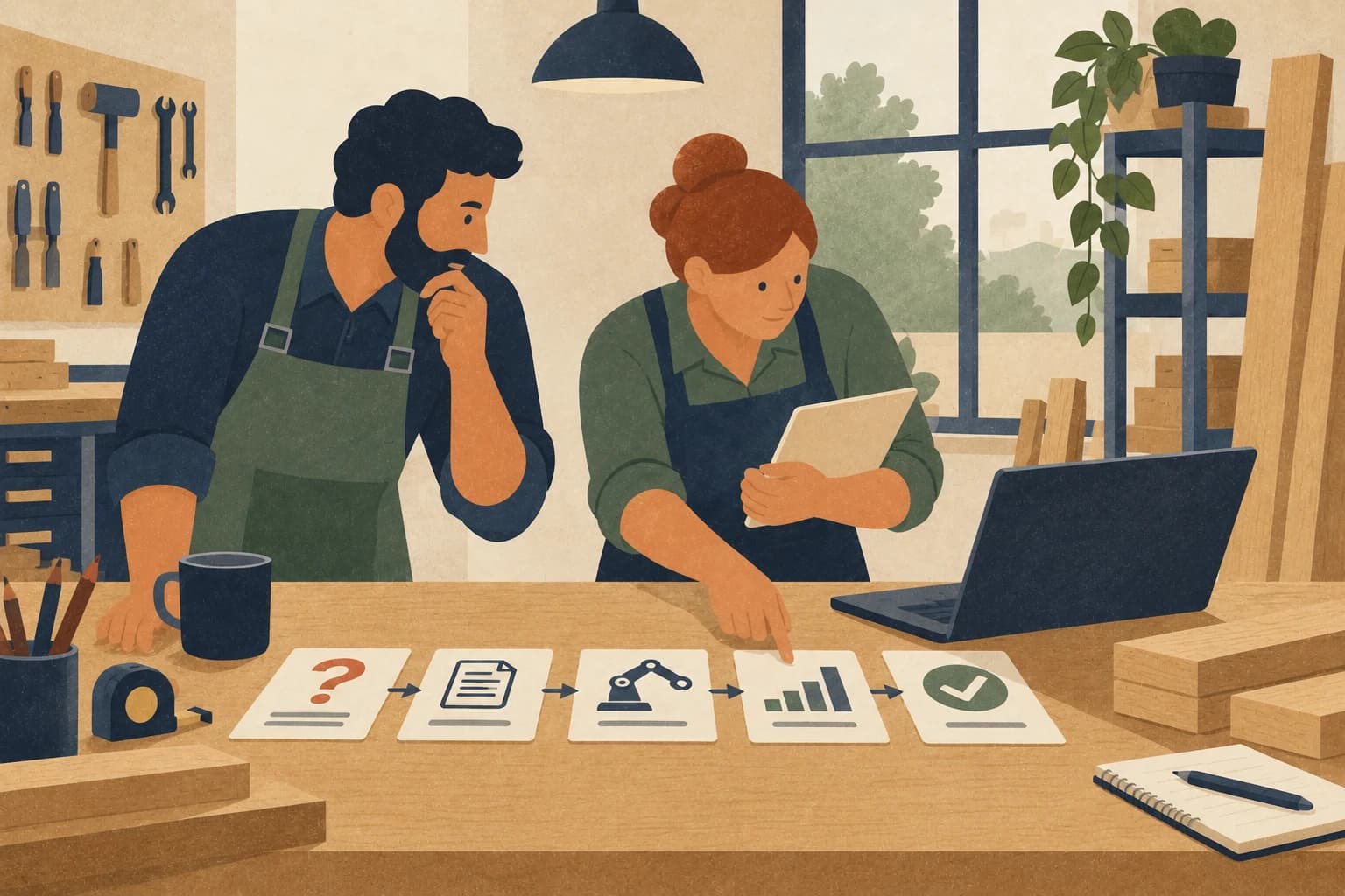 Graphic illustration: A workshop owner and colleague review a small test using job cards and measurements.