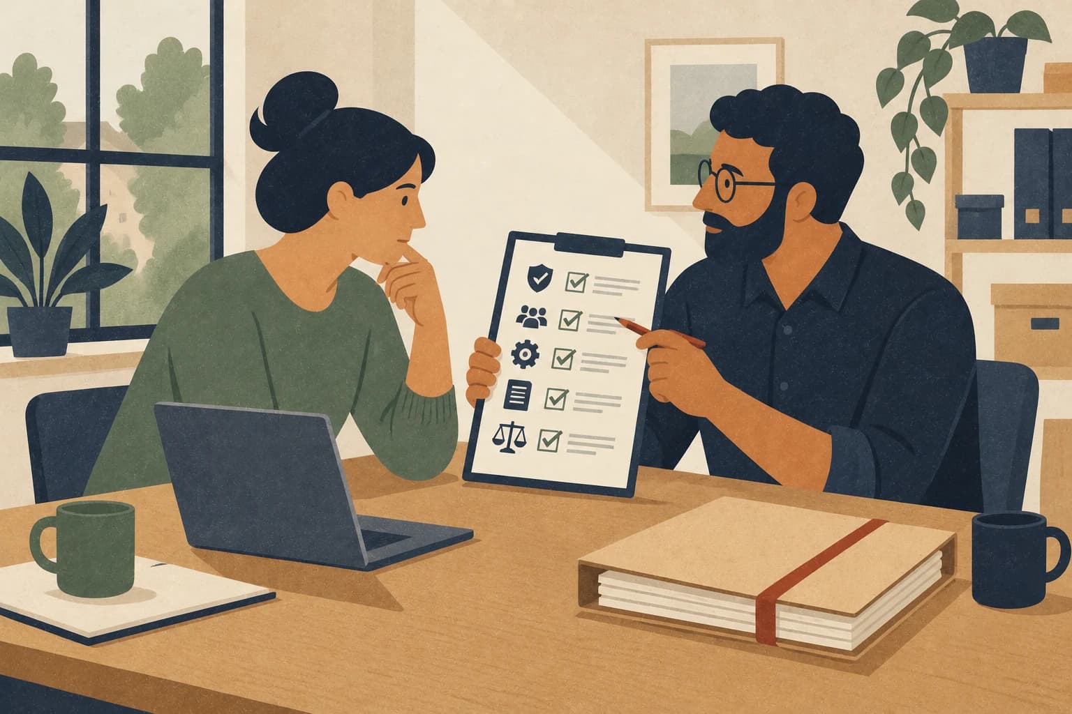 Graphic illustration: Two people review a short checklist at a table while confidential papers stay closed.