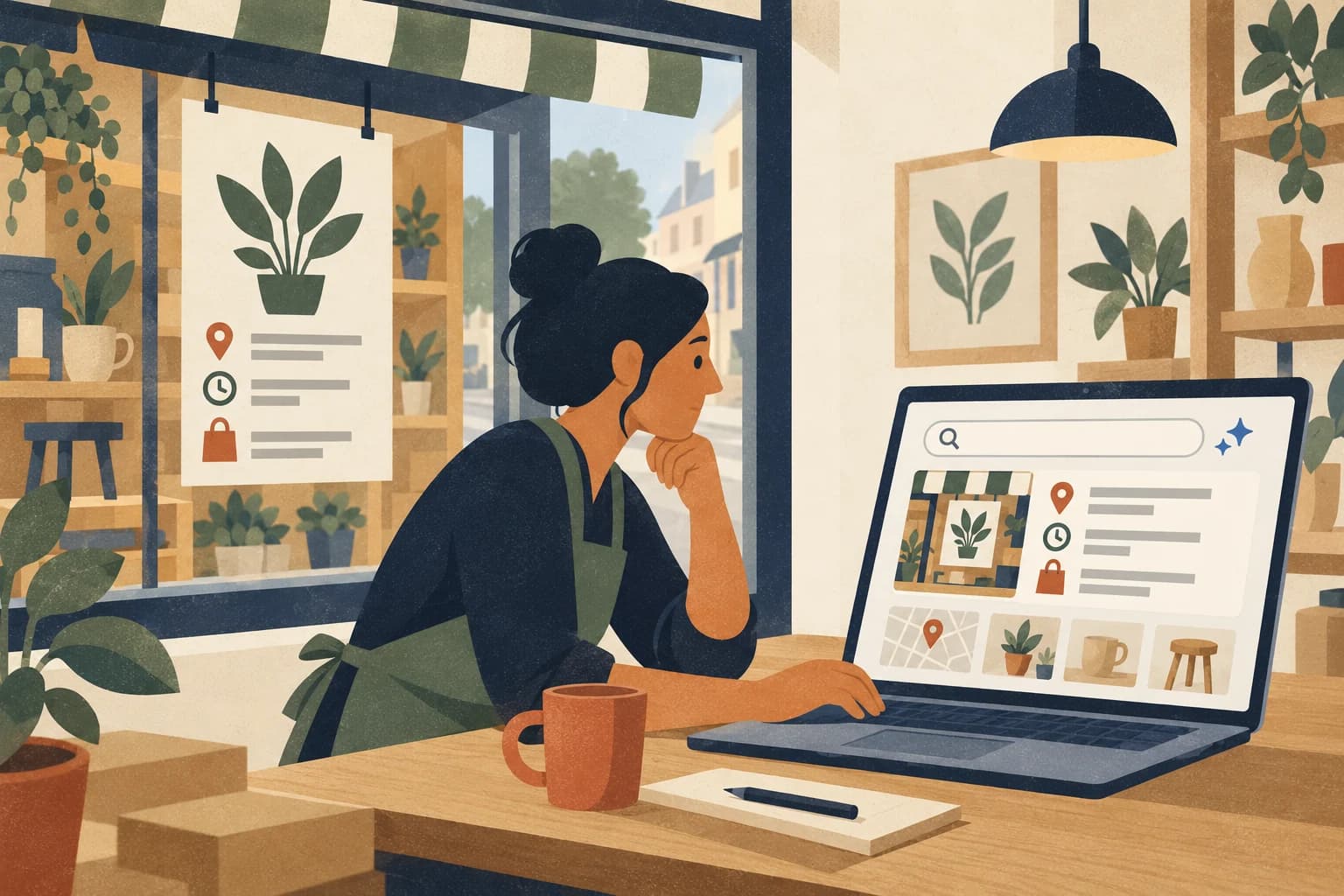 Graphic illustration: A shop owner compares public business information with a search view on a laptop.