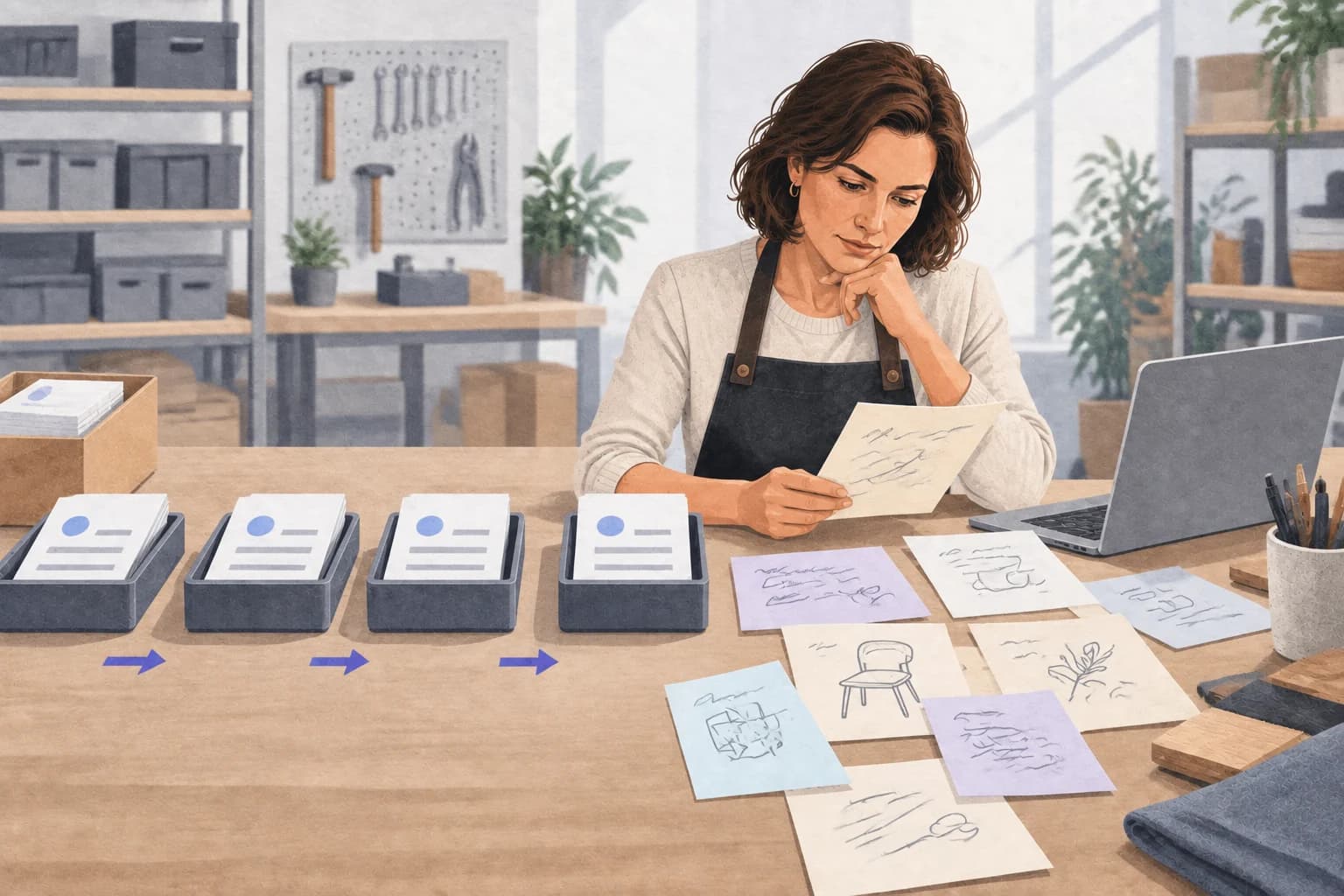 Uniform order cards sit beside varied customer requests that an owner reviews.