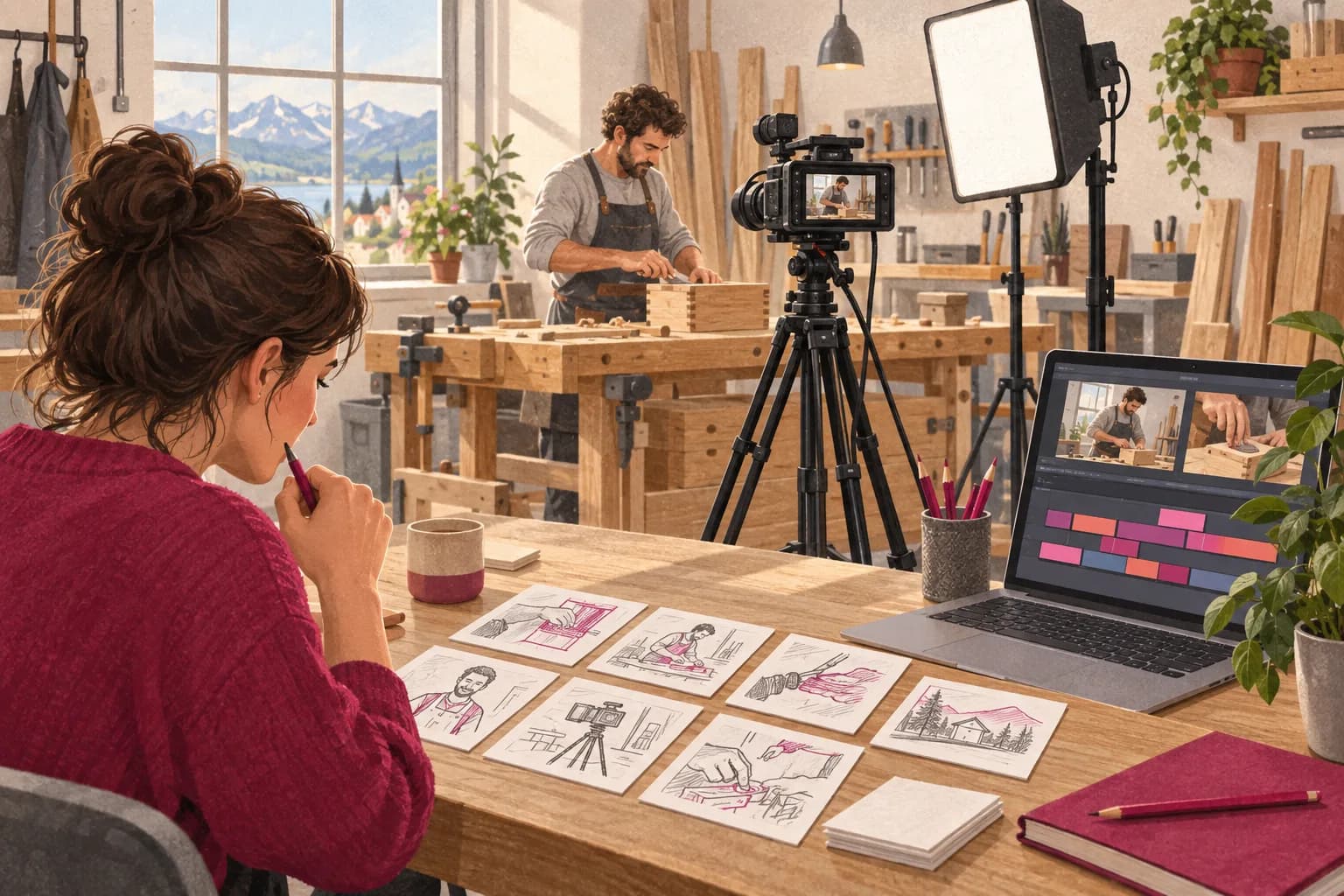 A small film crew shoots in a workshop, with storyboard sketches and an editing timeline beside them.