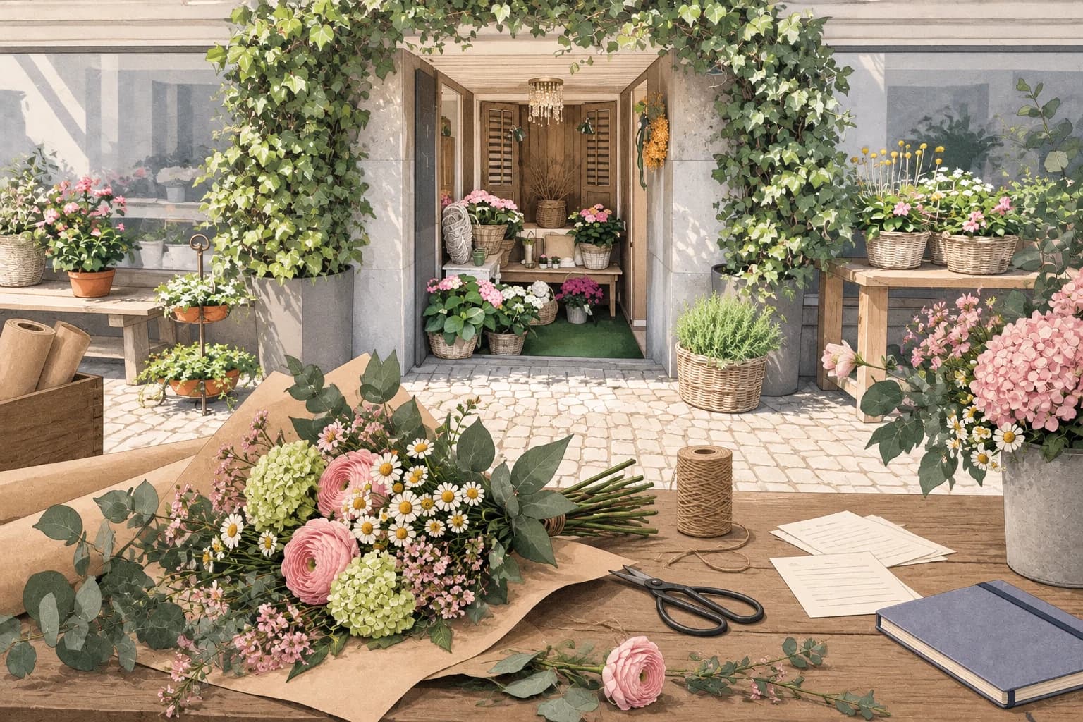 Illustration of a florist worktable before the ivy-framed Landleben entrance.