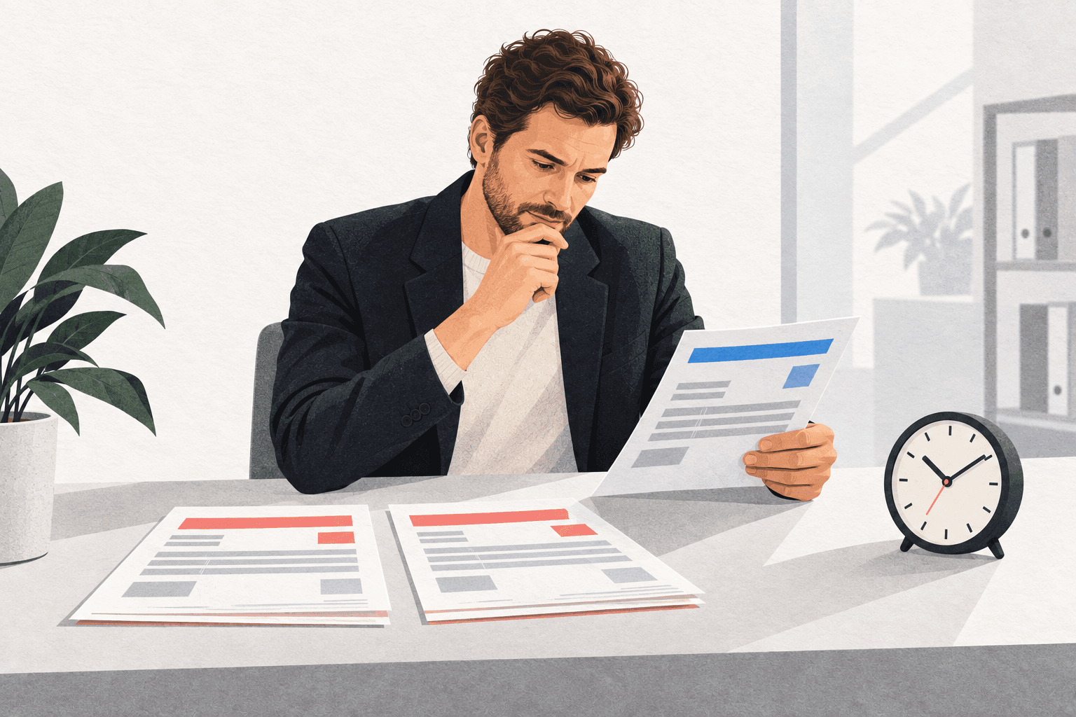 A business owner compares duplicate order documents beside a clock.