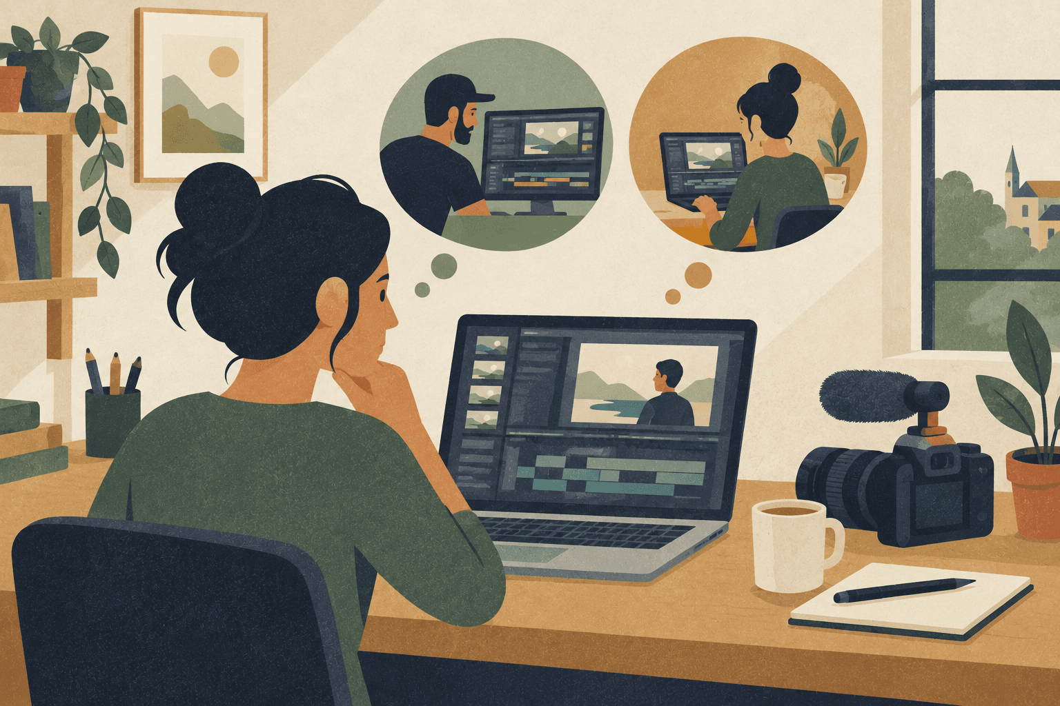 Graphic illustration: Over the shoulder, a business owner edits video on a laptop with a camera and clock nearby.