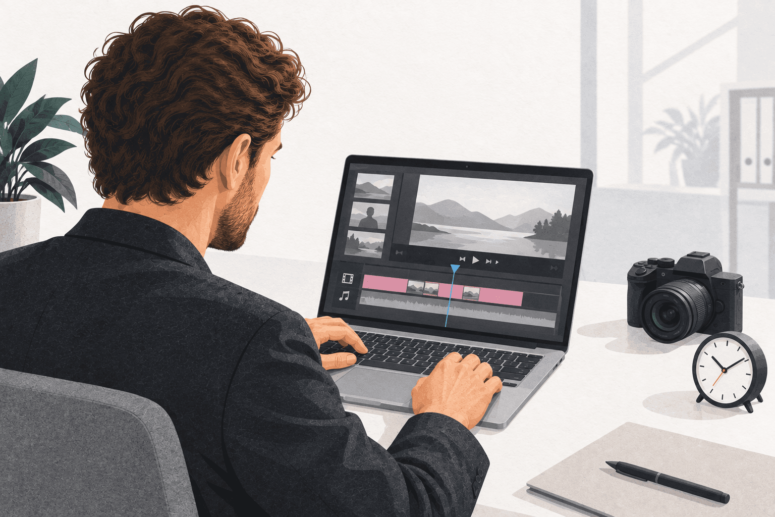 Over the shoulder, a business owner edits video on a laptop with a camera and clock nearby.