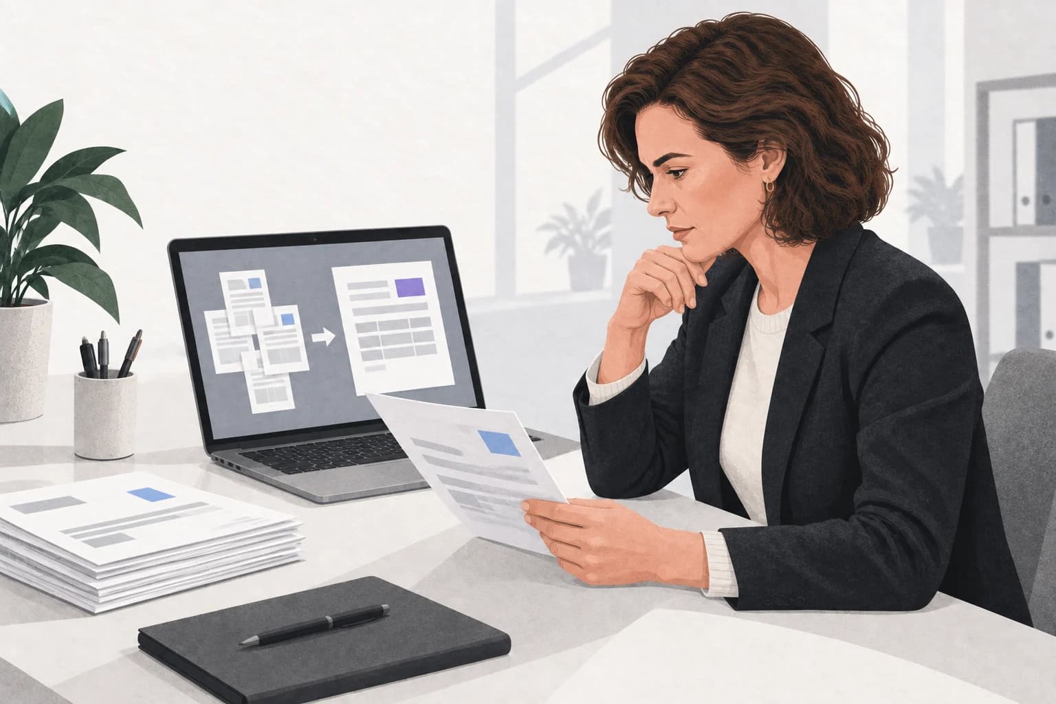 A business owner checks a paper order beside a draft prepared on a laptop.